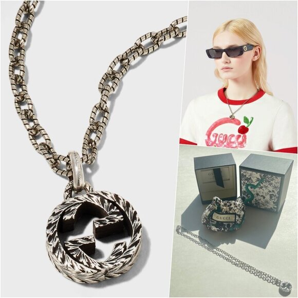 Gucci Textured Interlocking G Pendant Logo Silver Necklace w/ Gift Box NWOT - Picture 1 of 15